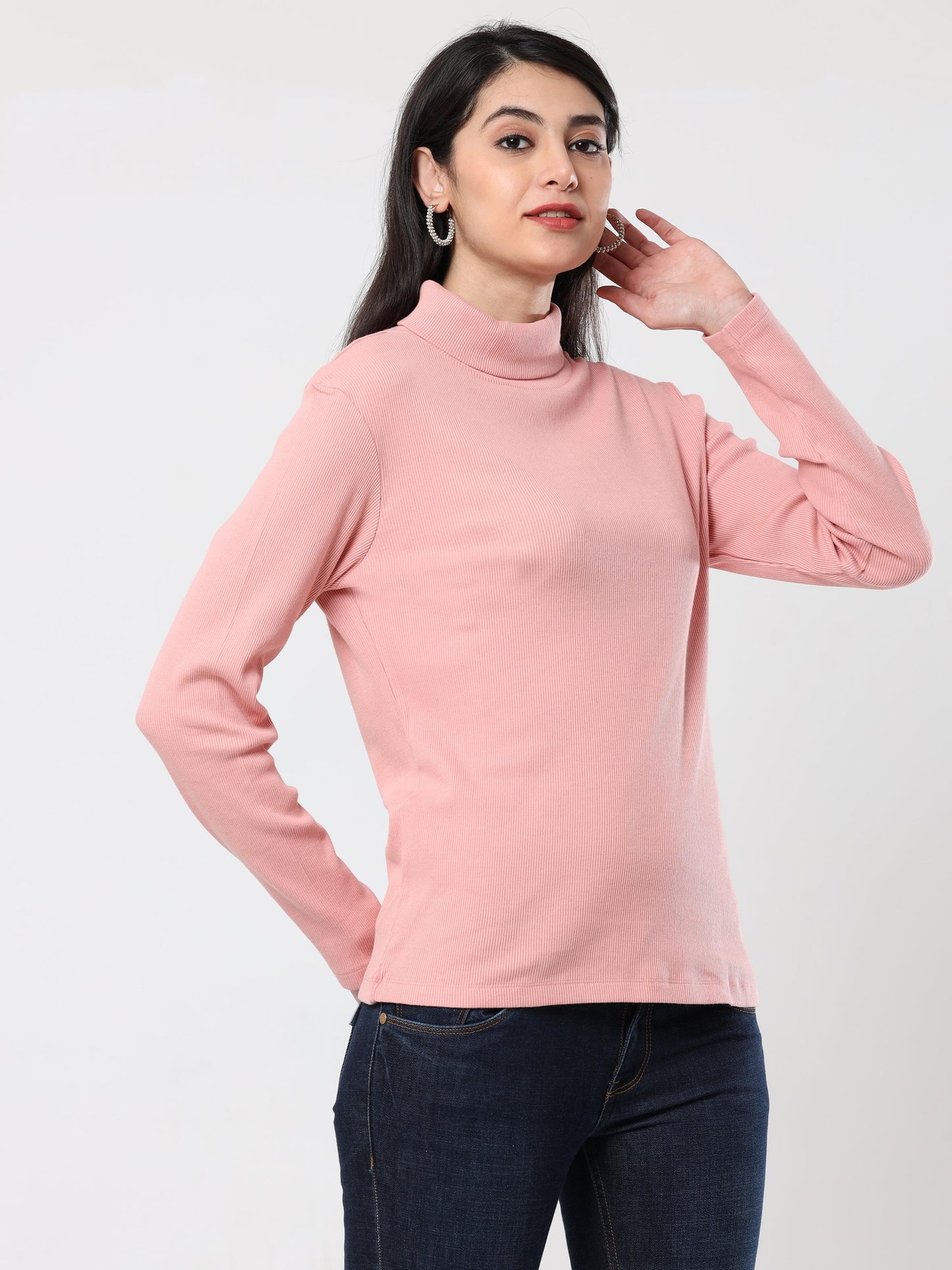 High Neck Full Sleeve Women's T-Shirt - pink