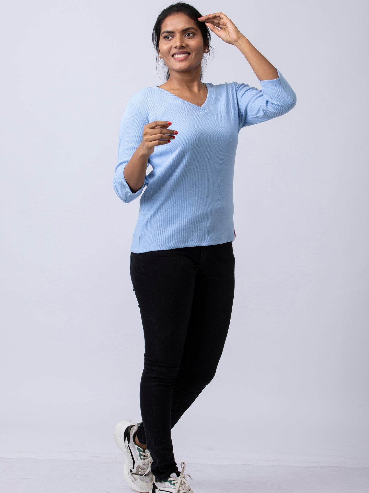 Women's V Neck Rib Fabric Stretchy Winter T-Shirt - Blue
