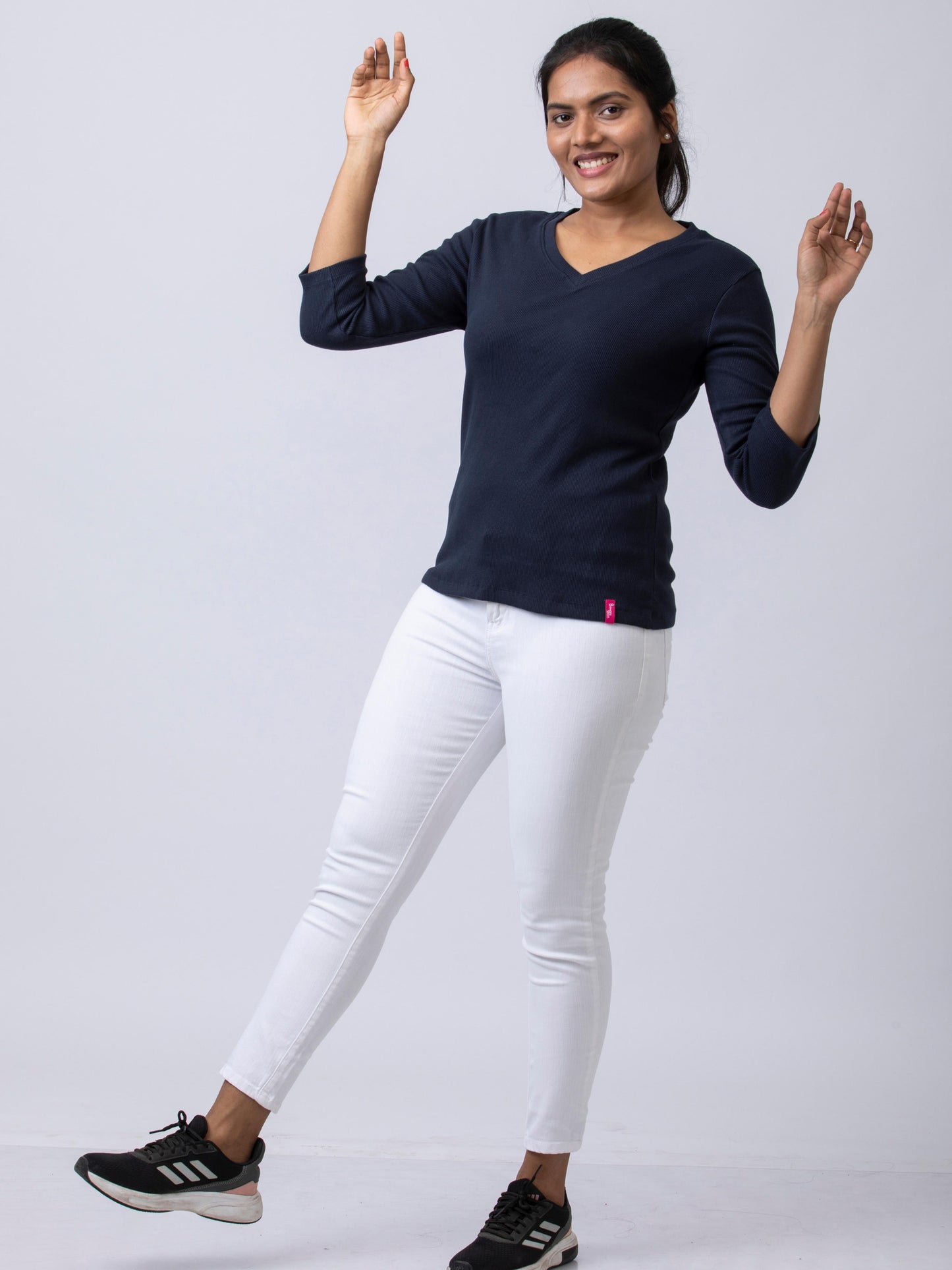 Women's V Neck Rib Fabric Stretchy Winter T-Shirt - Navy