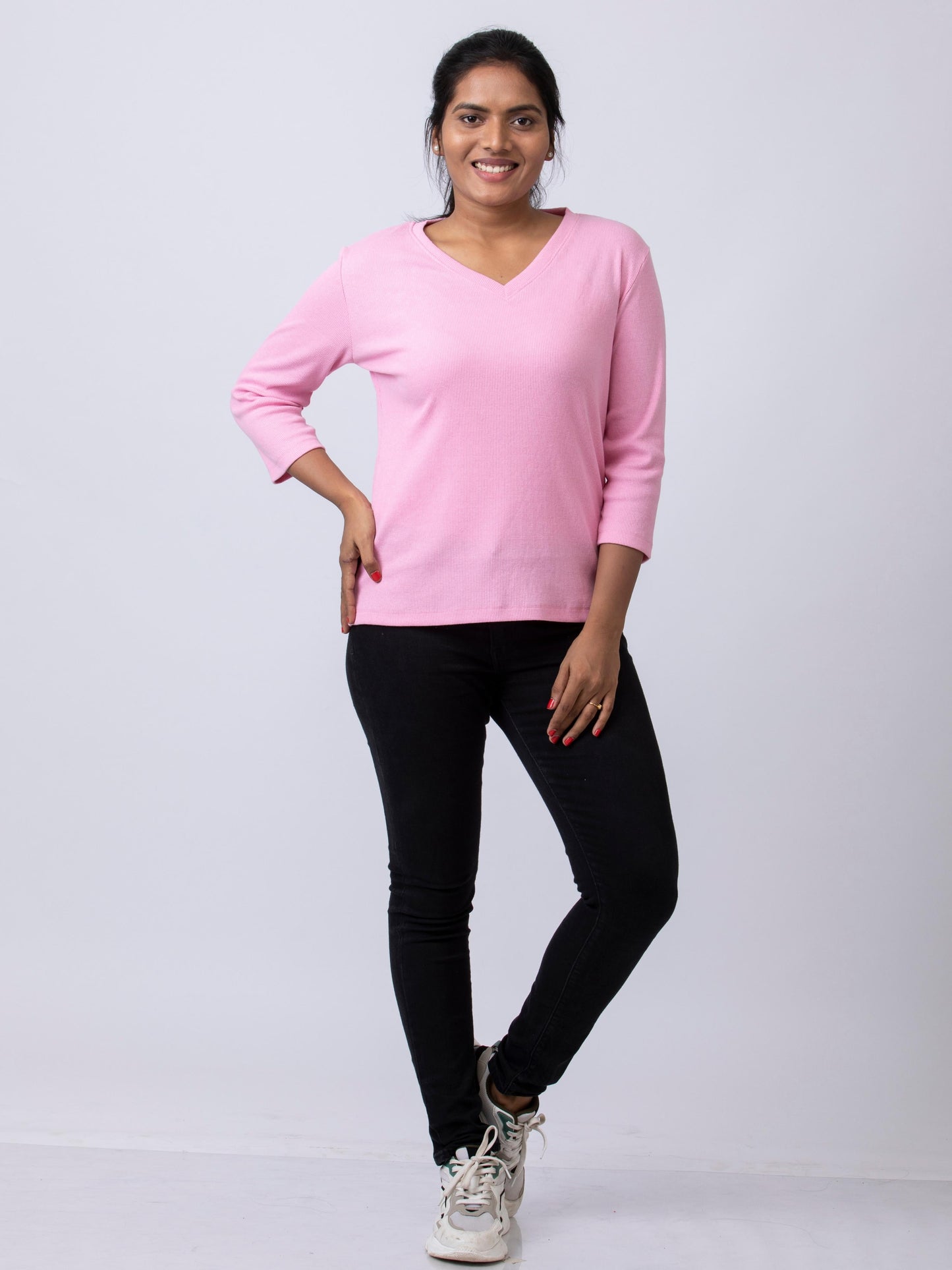 Women's V Neck Rib Fabric Stretchy Winter T-Shirt - Pink