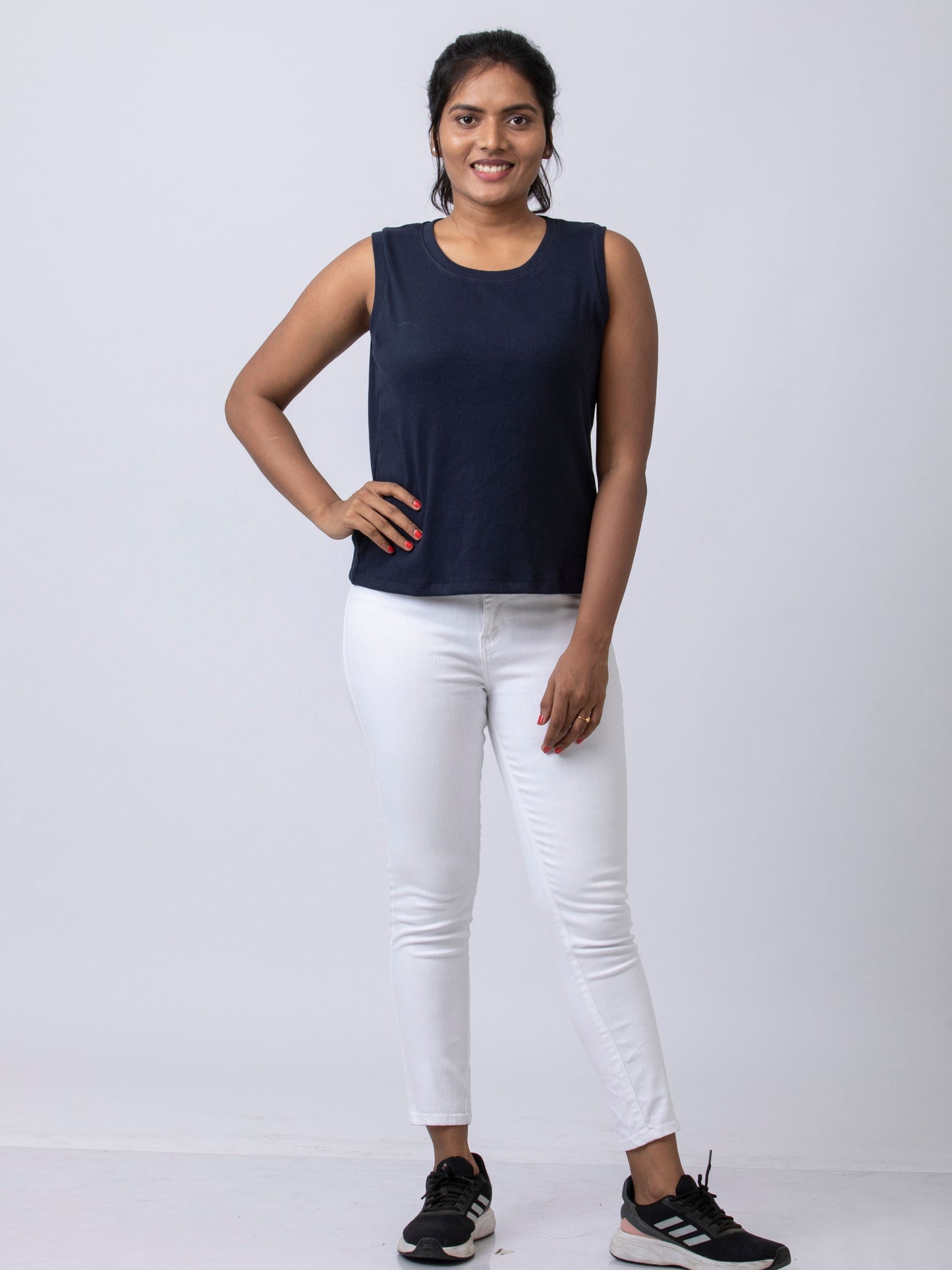 Women's Sleeve Less Round Neck Rib Fabric Stretchy Winter T-Shirt - Navy