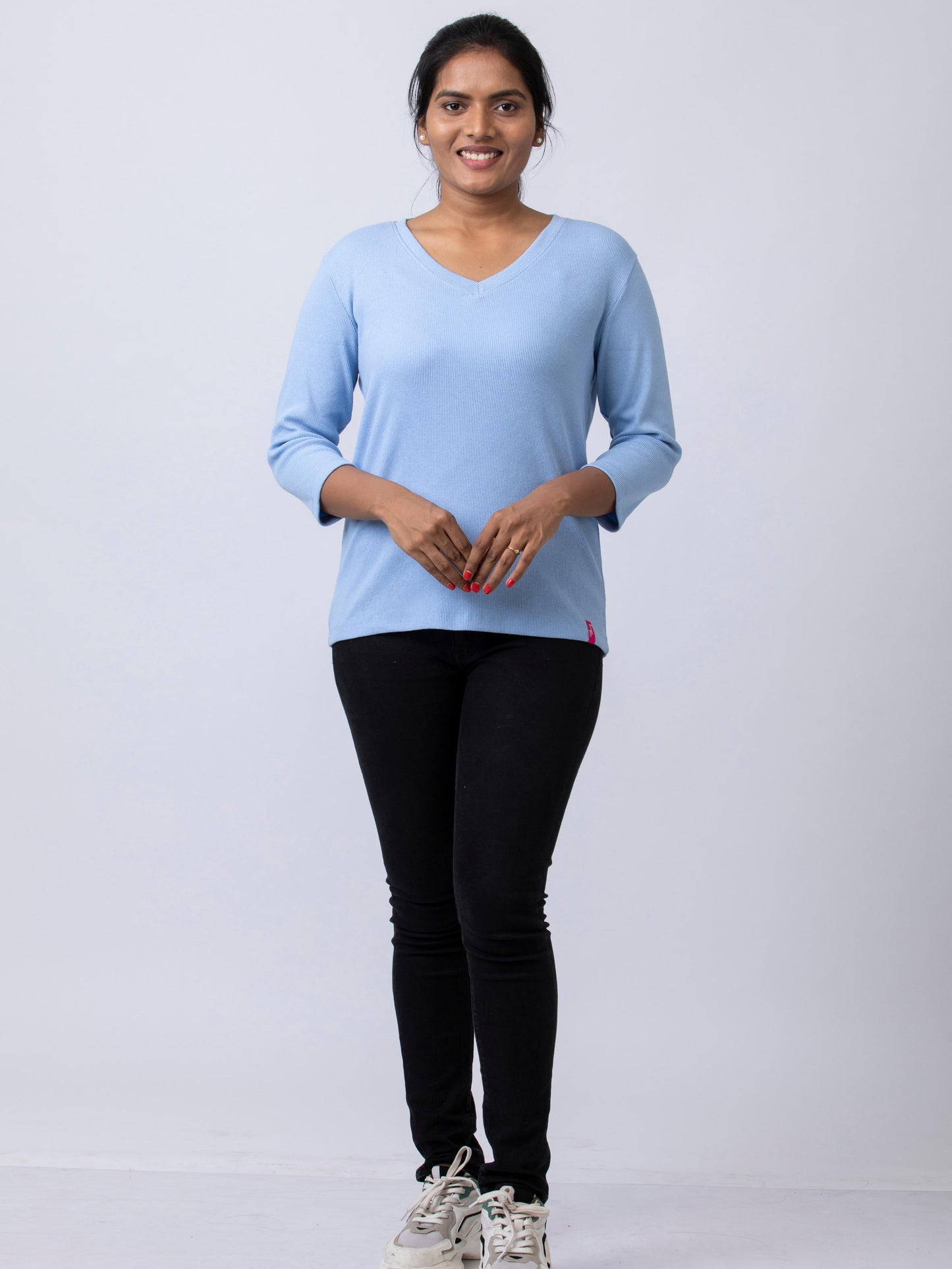 Women's V Neck Rib Fabric Stretchy Winter T-Shirt - Blue