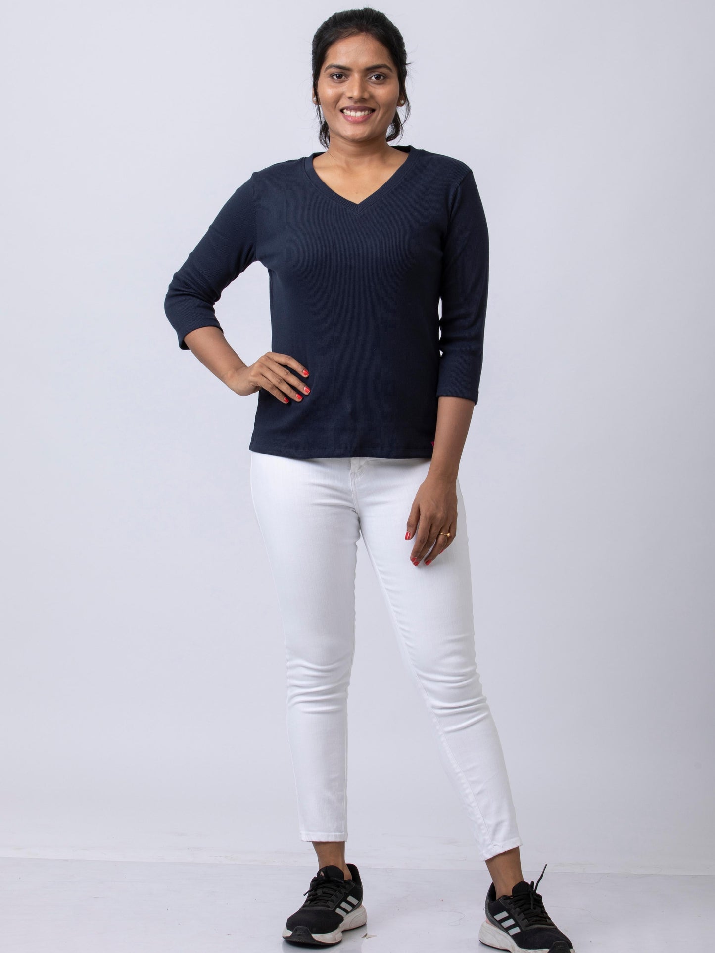 Women's V Neck Rib Fabric Stretchy Winter T-Shirt - Navy