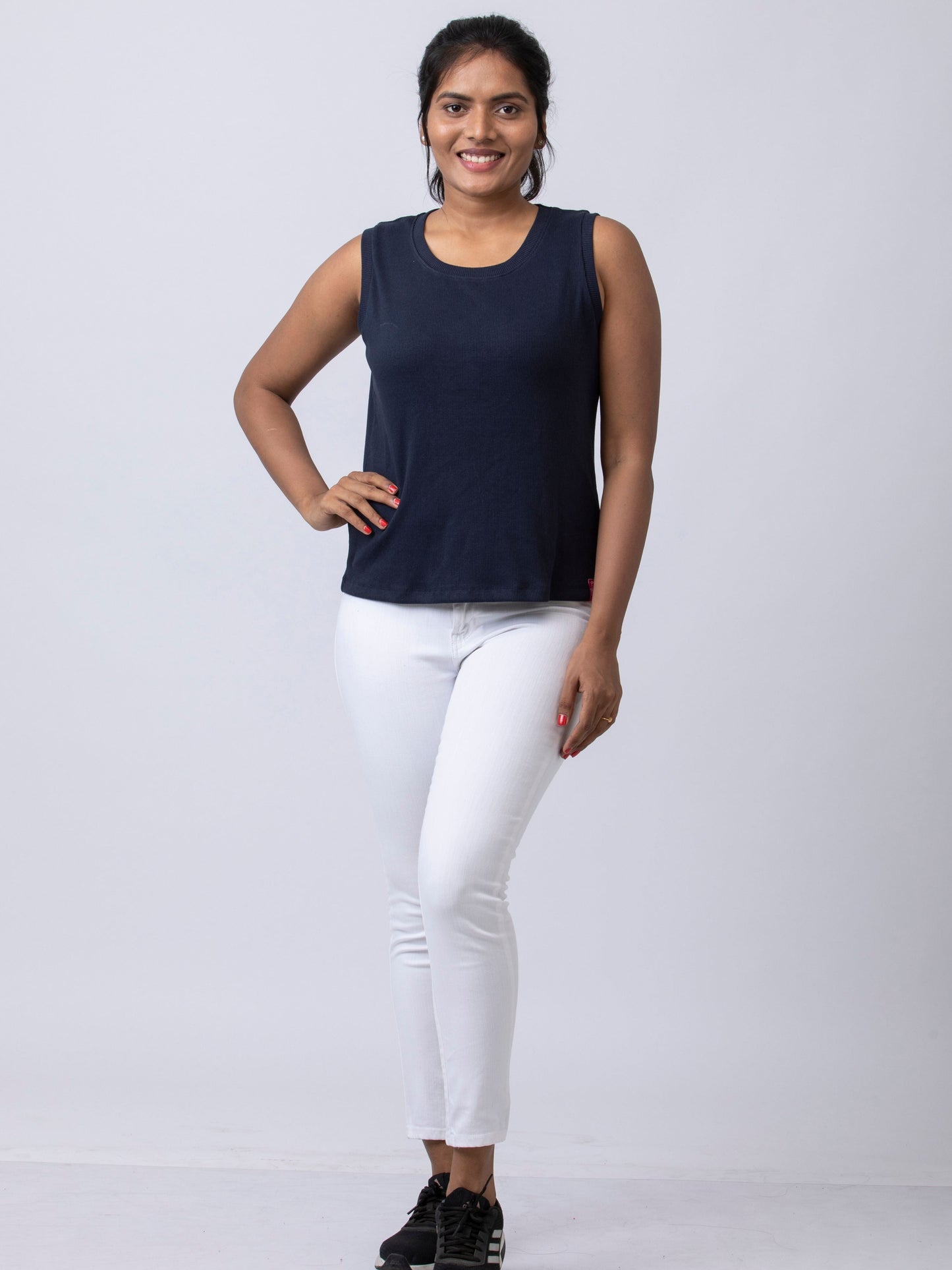 Women's Sleeve Less Round Neck Rib Fabric Stretchy Winter T-Shirt - Navy