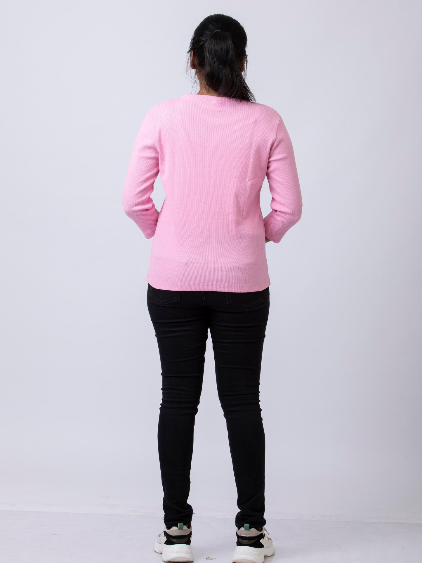 Women's V Neck Rib Fabric Stretchy Winter T-Shirt - Pink