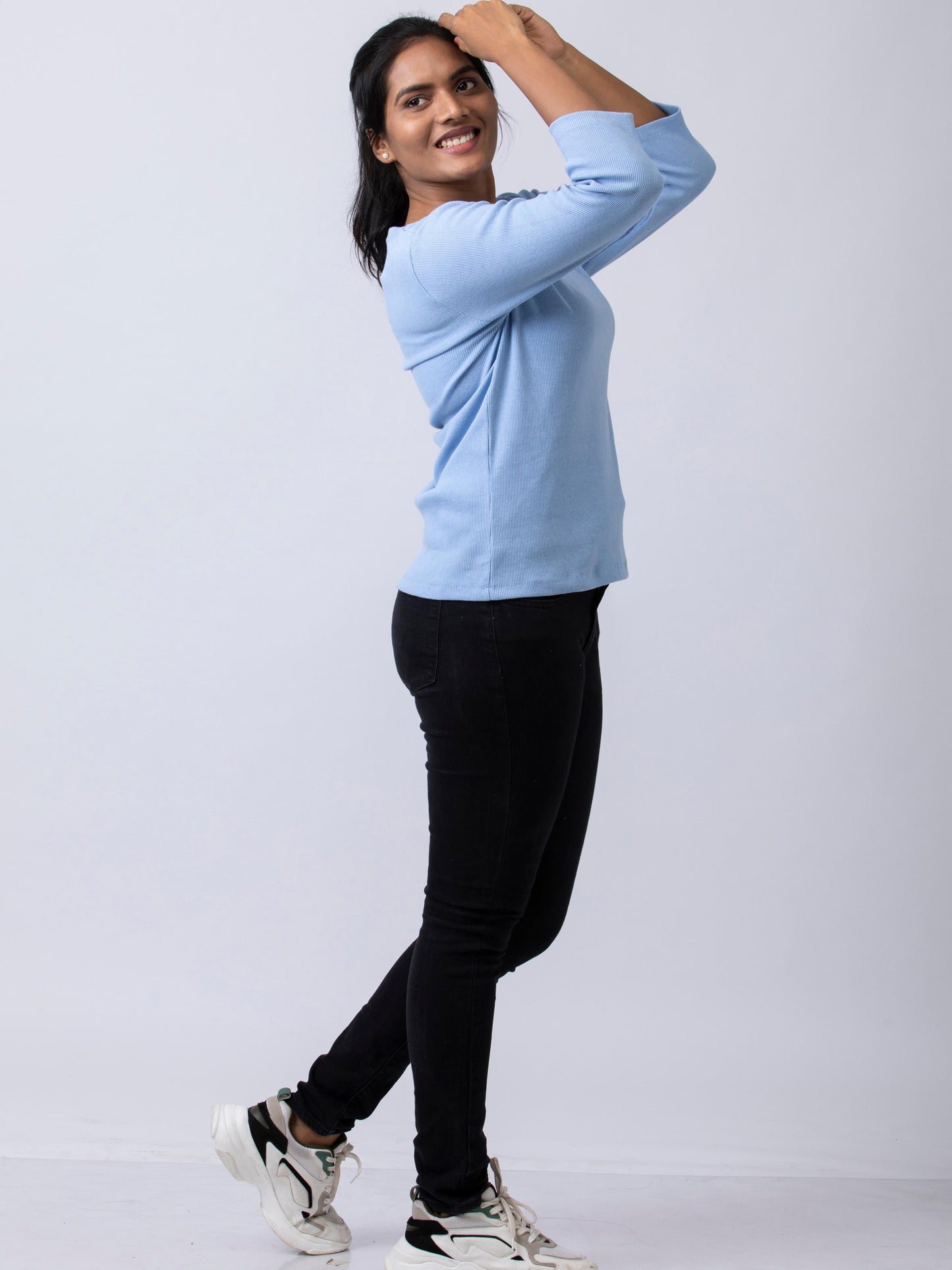 Women's V Neck Rib Fabric Stretchy Winter T-Shirt - Blue