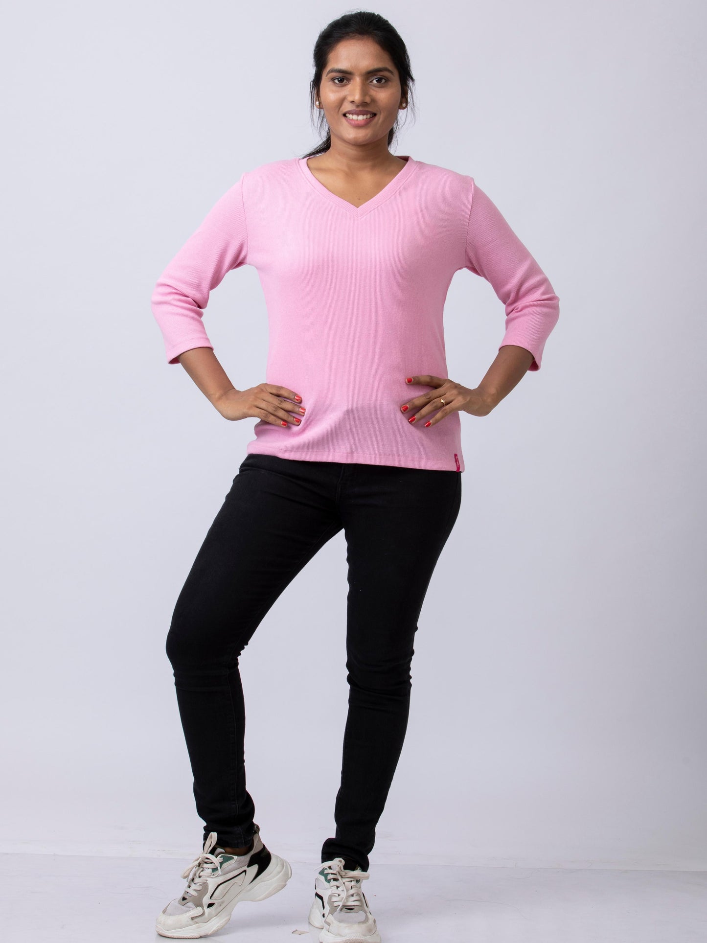 Women's V Neck Rib Fabric Stretchy Winter T-Shirt - Pink