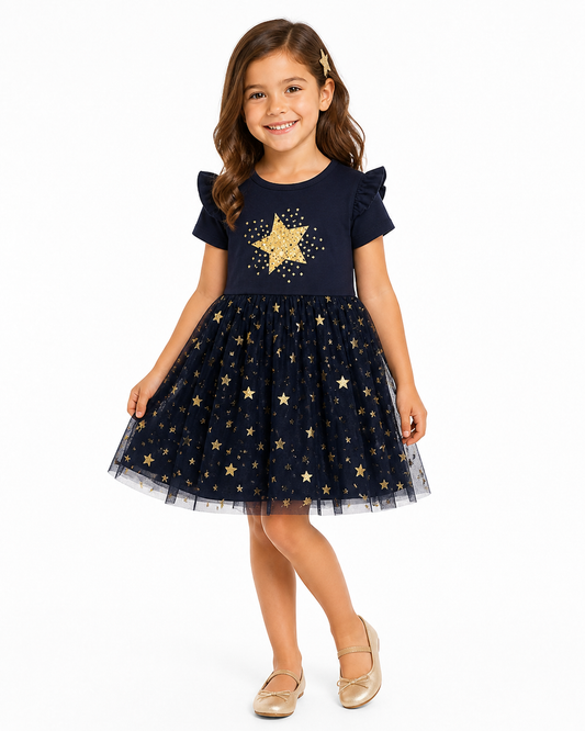 Midnight Stardust - Girls Premium Cotton Frock