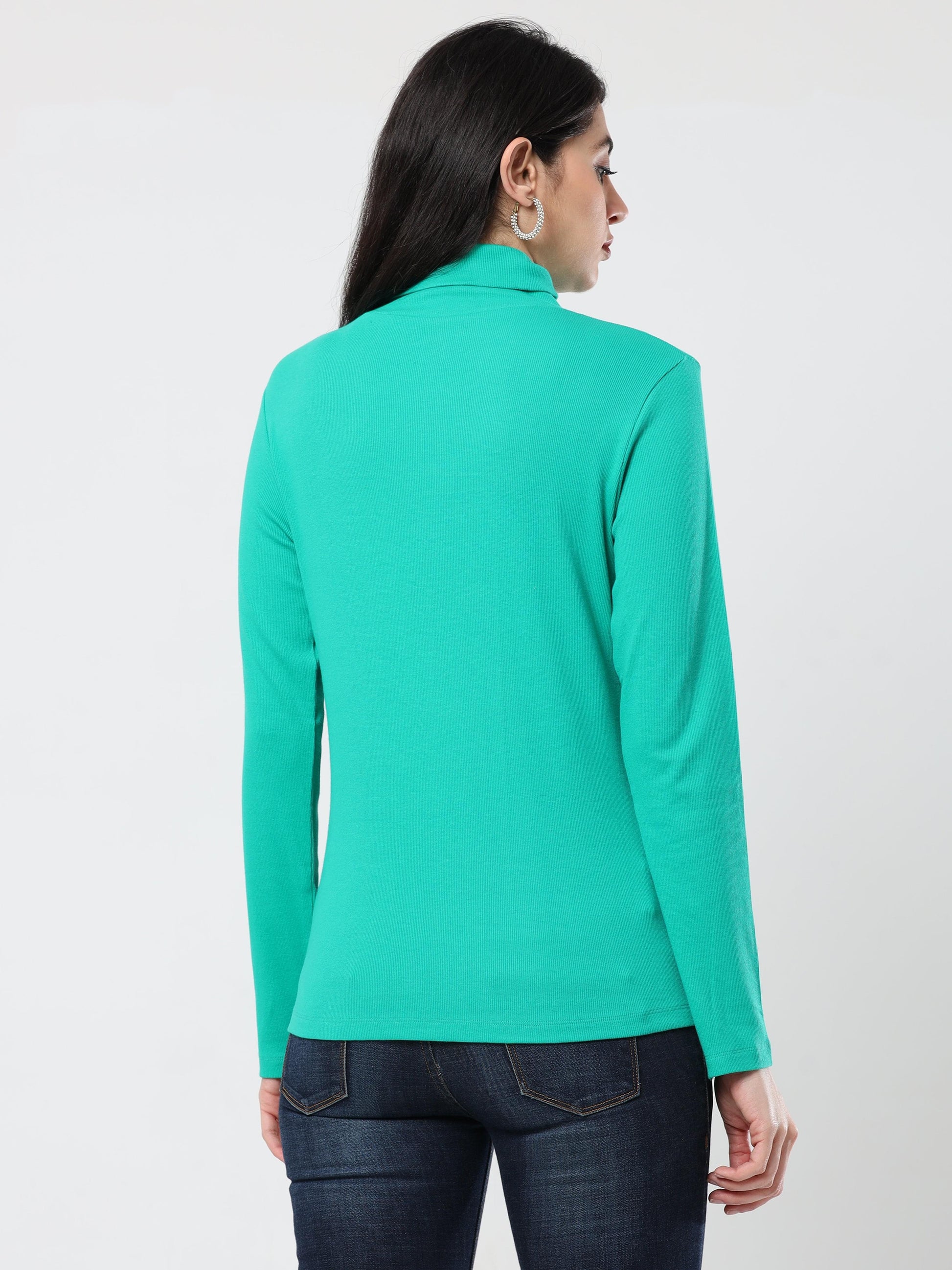 High Neck Full Sleeve Women's T-Shirt Green