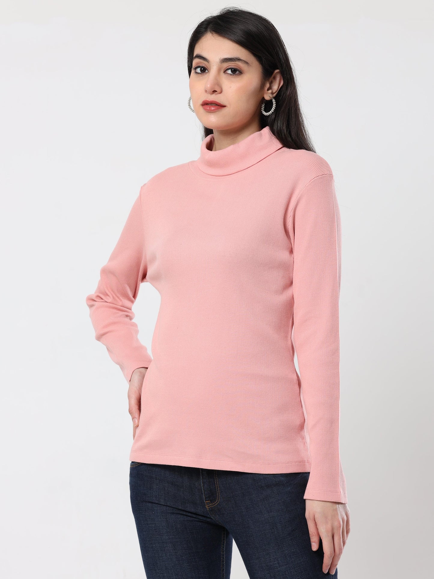 High Neck Full Sleeve Women's T-Shirt - pink