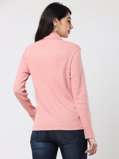 High Neck Full Sleeve Women's T-Shirt - pink