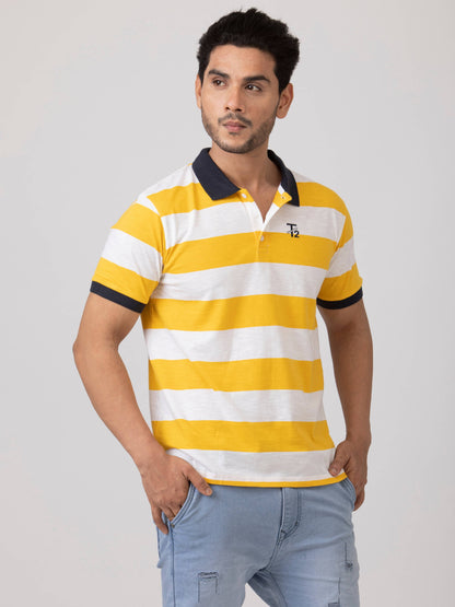 Polo Spirit Stripes Classic & Comfortable 100% Cotton Mens Collar T-Shirt - Yellow White
