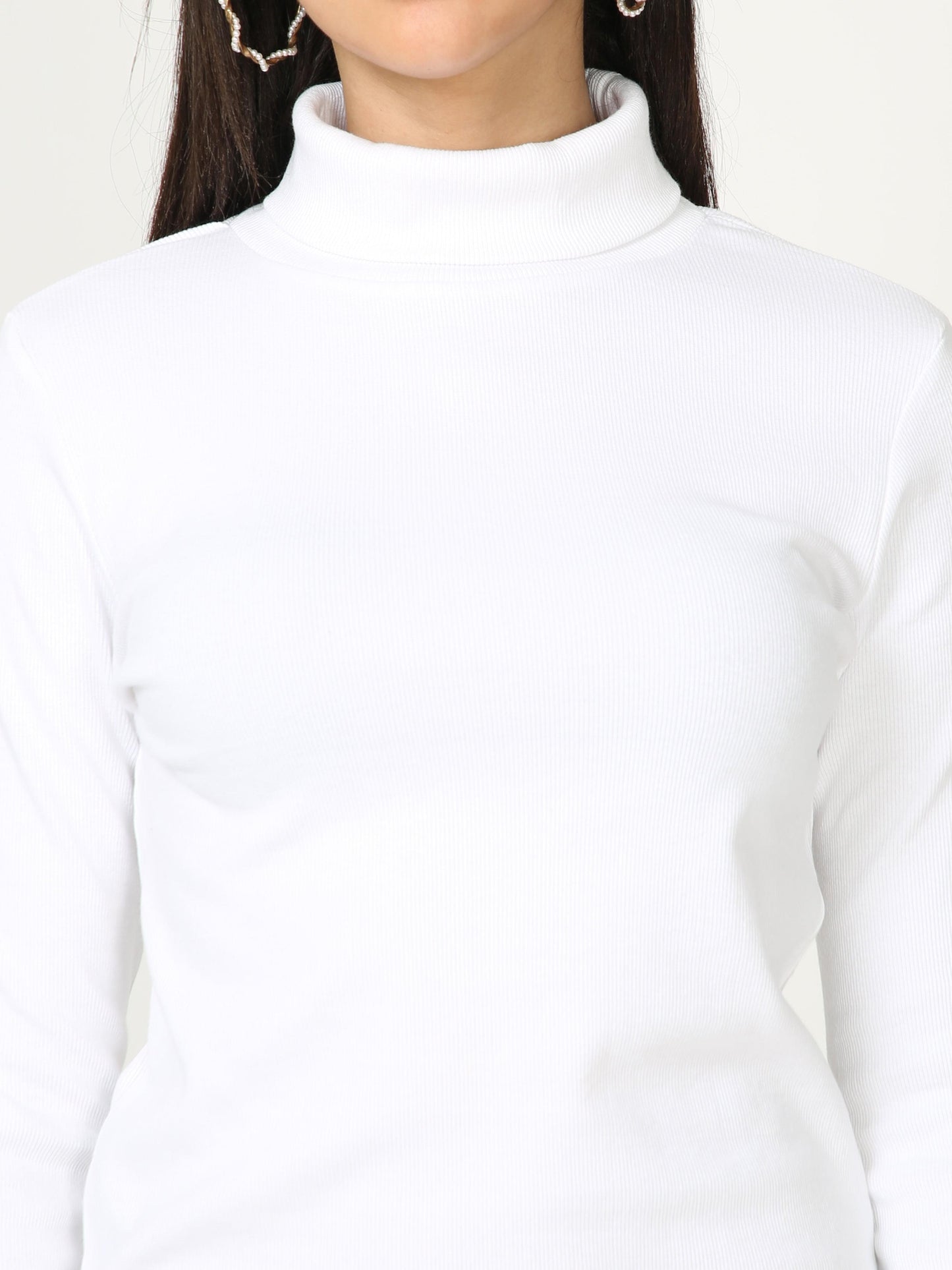 High Neck Full Sleeve Women's T-Shirt - White