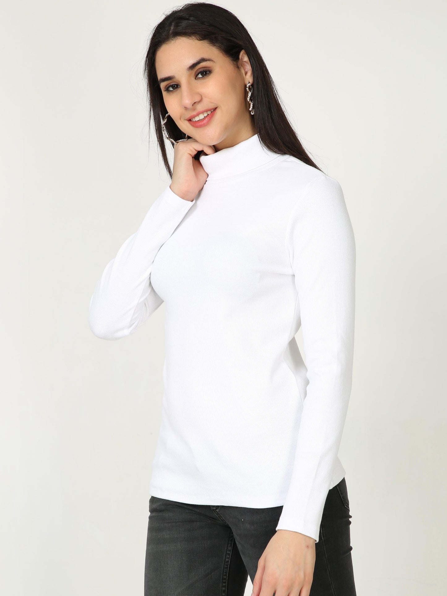 High Neck Full Sleeve Women's T-Shirt - White