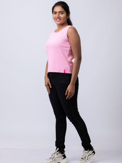 Women's Sleeve Less Round Neck Rib Fabric Stretchy Winter T-Shirt - Pink