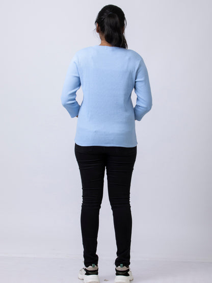 Women's  V Neck Rib Fabric Stretchy Winter T-Shirt - Blue