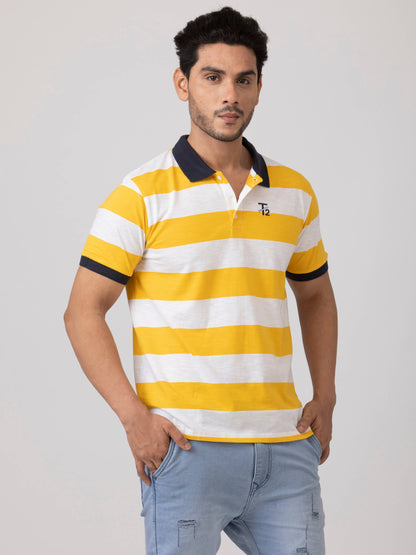 Polo Spirit Stripes Classic & Comfortable 100% Cotton Mens Collar T-Shirt - Yellow White