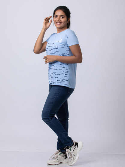 Soft & Premium Women's Printed Cotton T-Shirt - Blue Waves