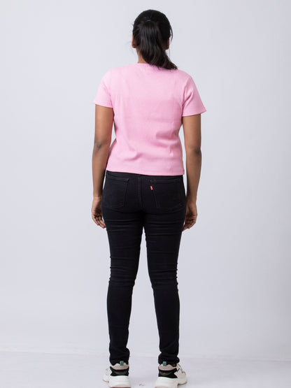Women's Round Neck Rib Fabric Stretchy Winter T-Shirt - Pink