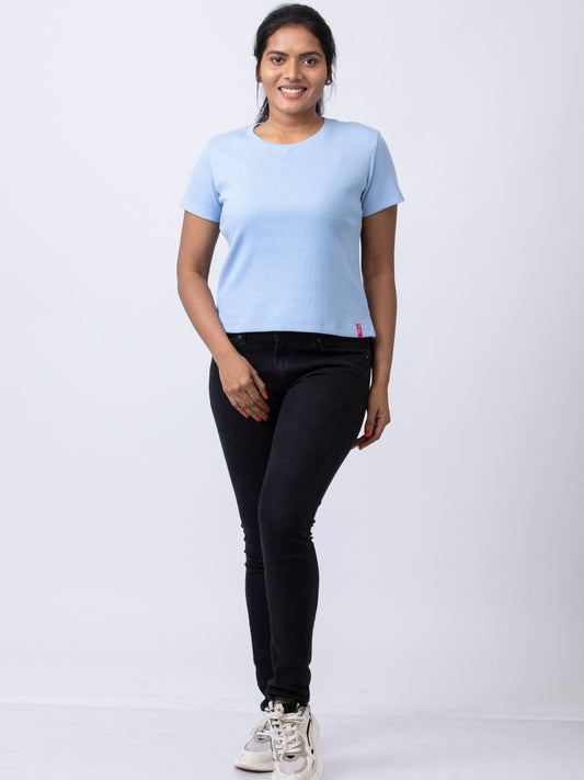 Women's Round Neck Rib Fabric Stretchy Winter T-Shirt - Blue