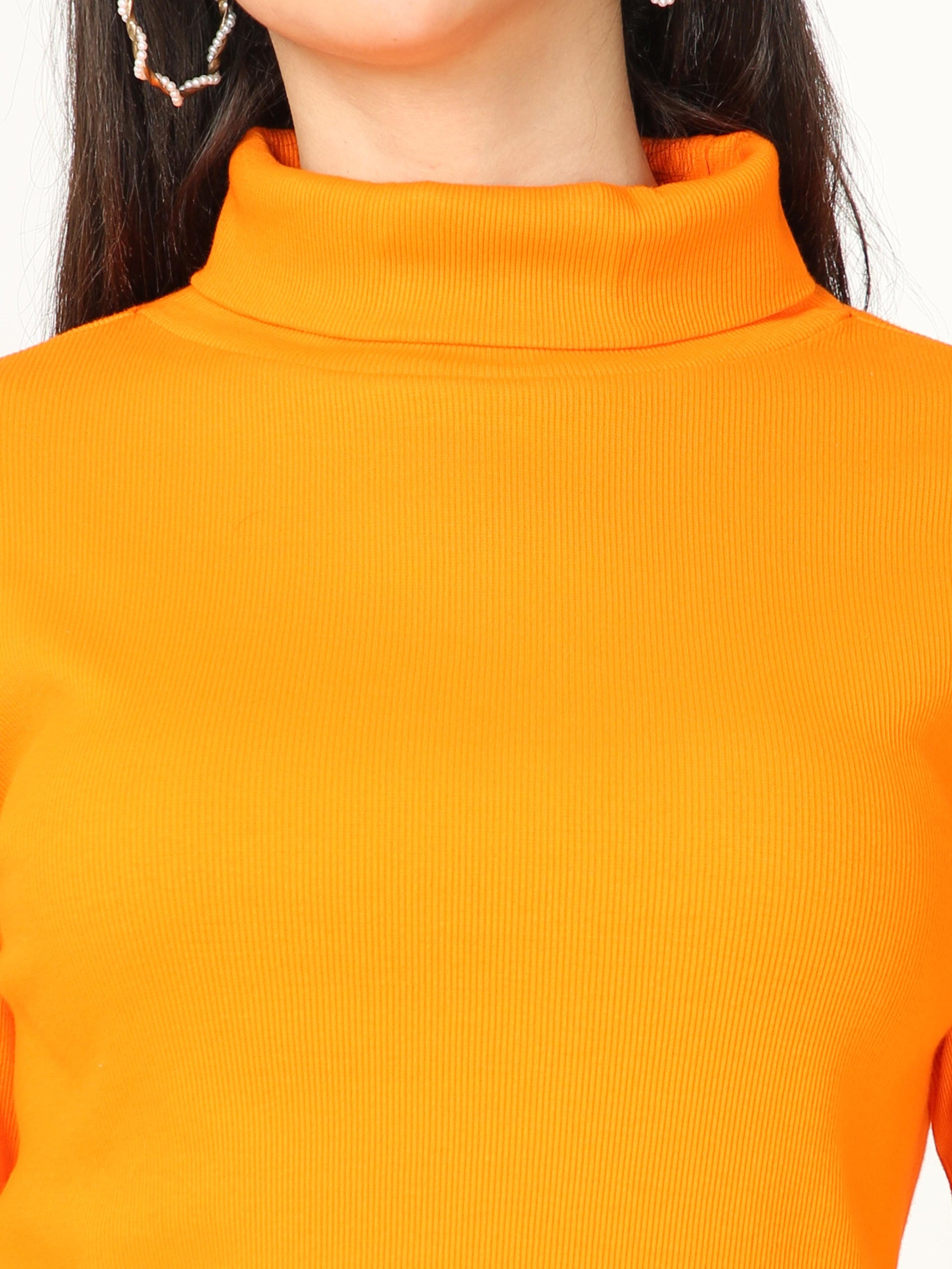 High Neck Full Sleeve Women's T-Shirt - Orange