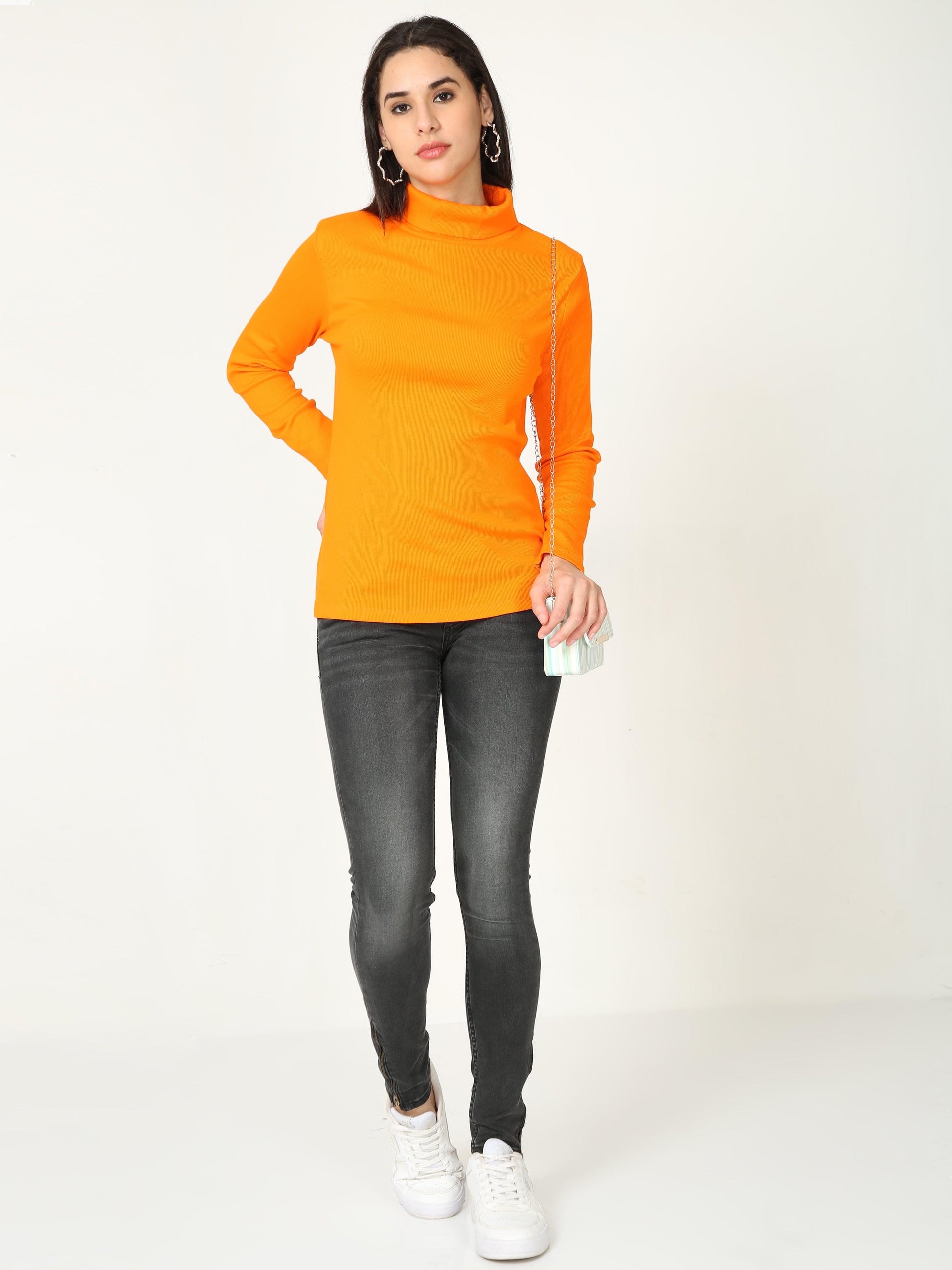 High Neck Full Sleeve Women's T-Shirt - Orange