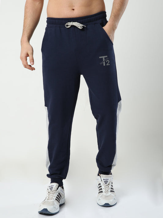 All Day Comfy Men's Cotton Joggers - Navy with Melange Side Panel