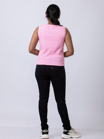 Women's Sleeve Less Round Neck Rib Fabric Stretchy Winter T-Shirt - Pink