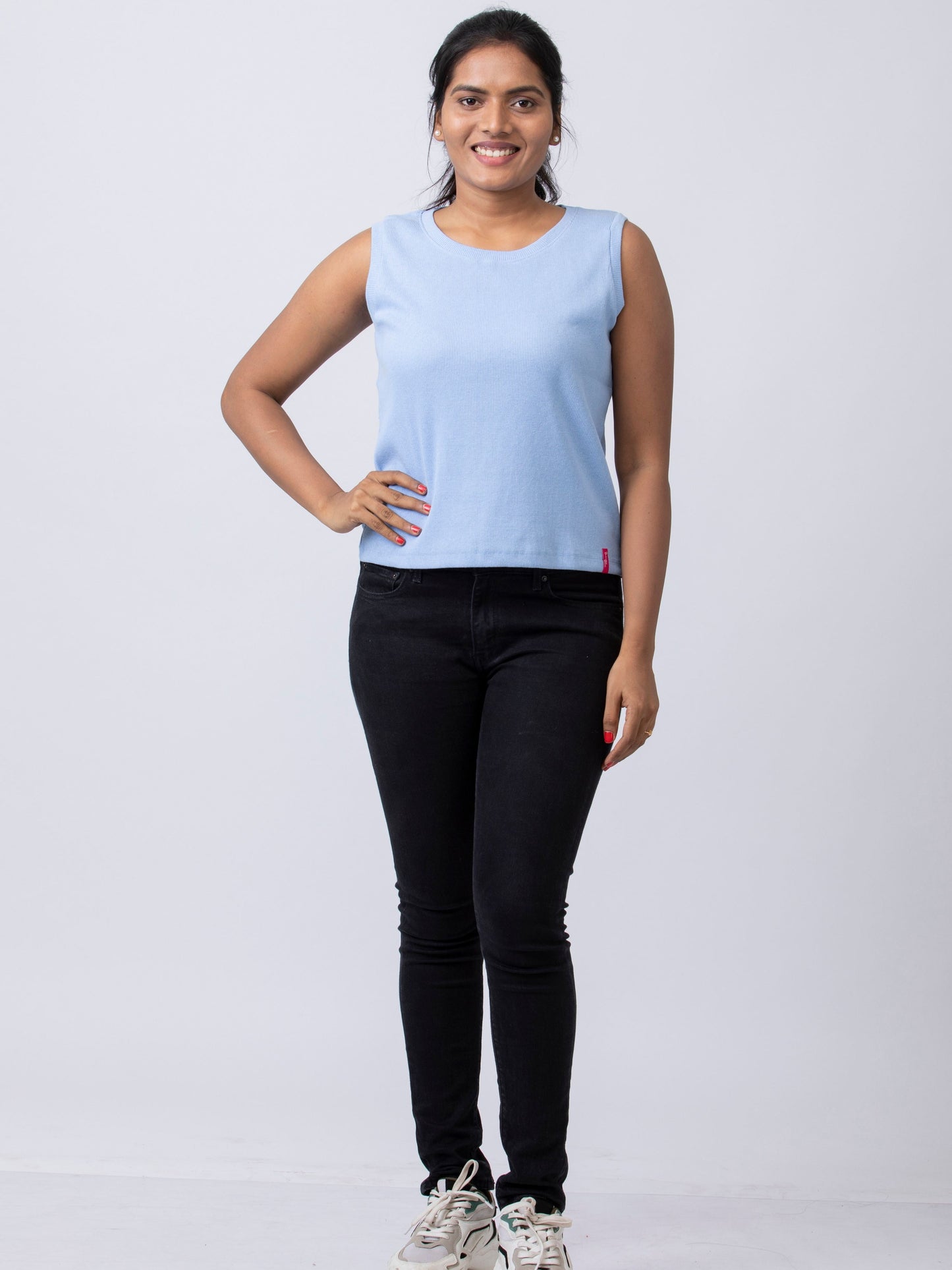 Women's Sleeve Less Round Neck Rib Fabric Stretchy Winter T-Shirt - Blue