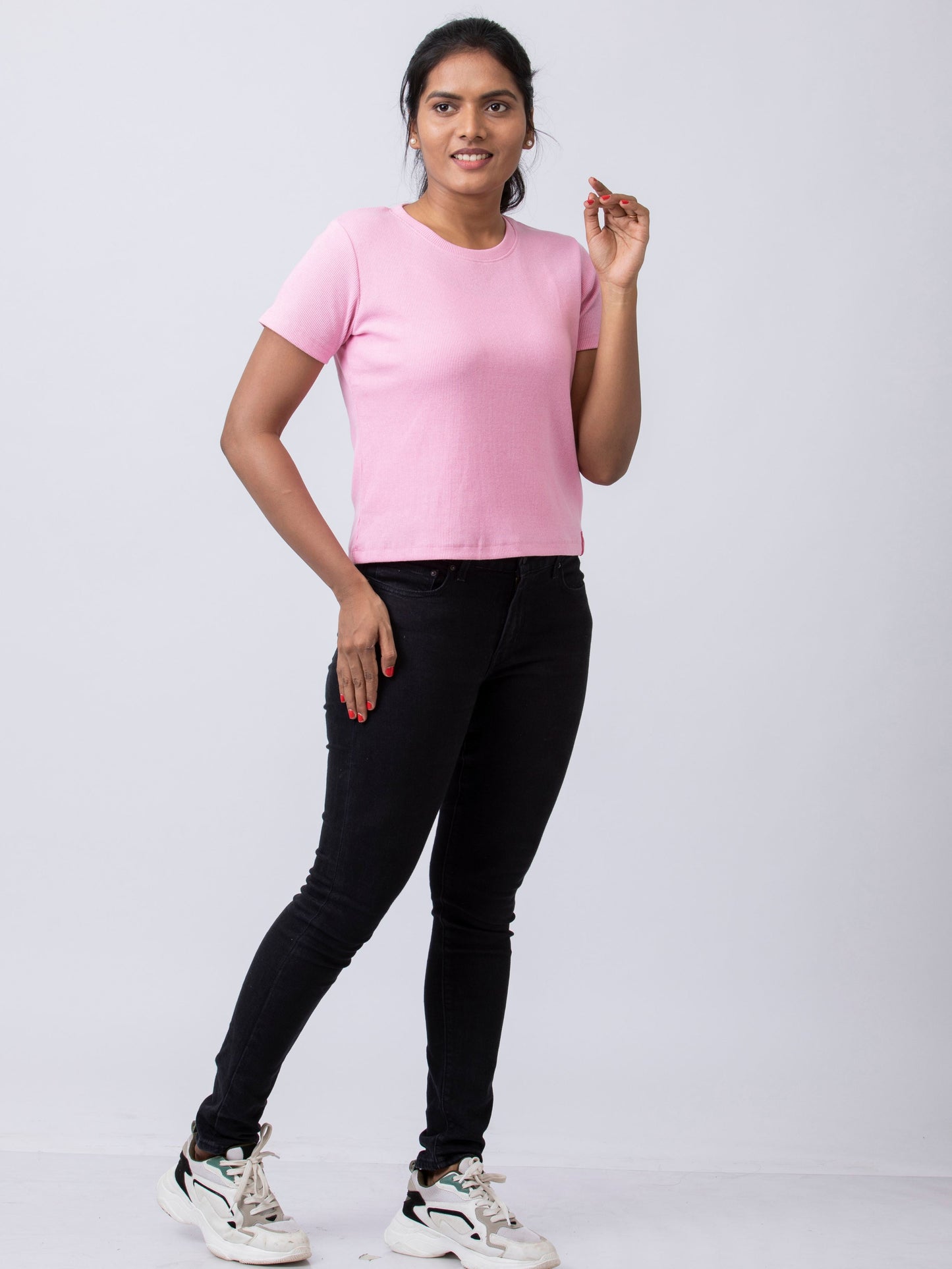 Women's Round Neck Rib Fabric Stretchy Winter T-Shirt - Pink