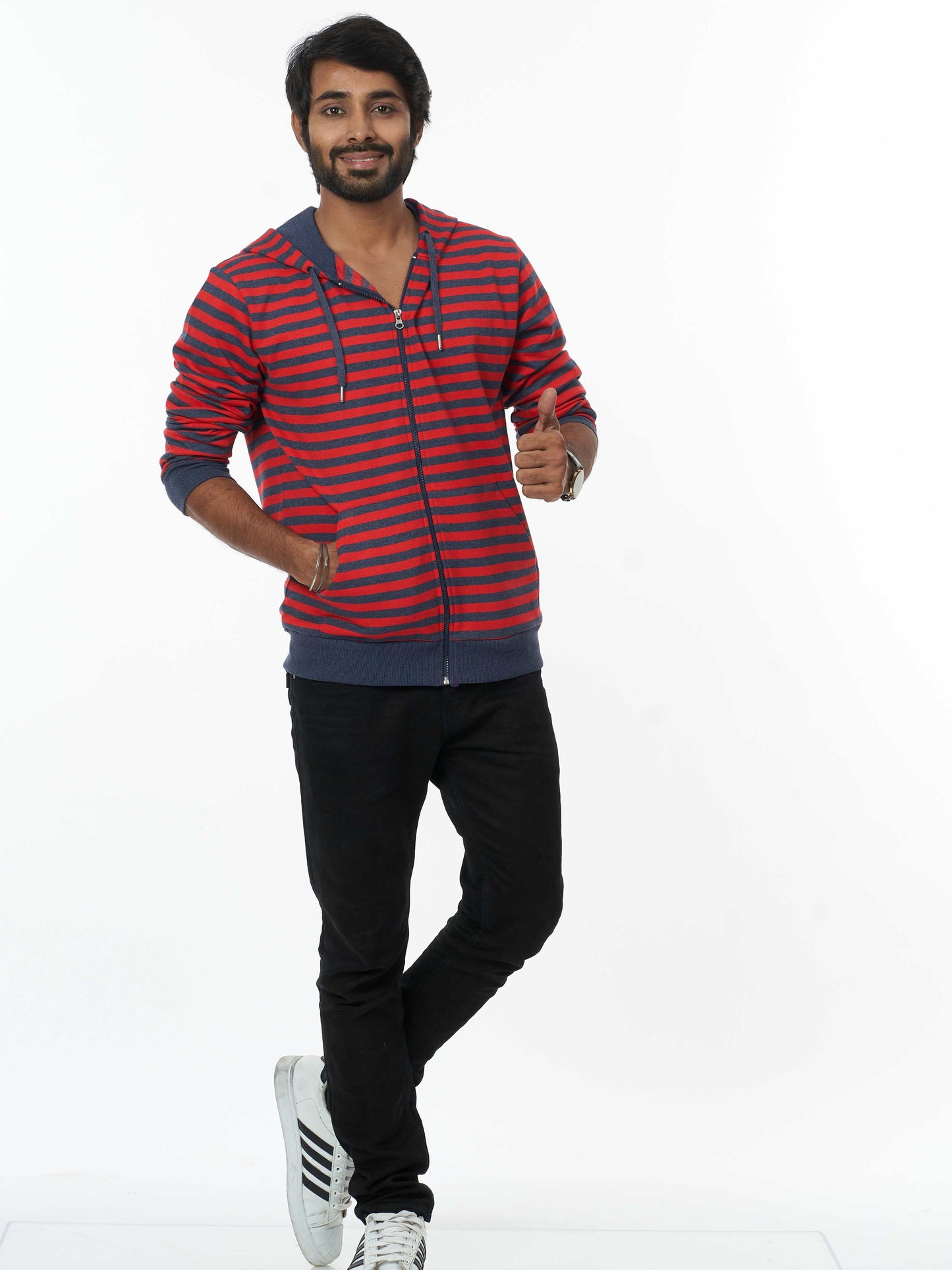 Stylish Men's Hooded Sweatshirt- Black Red Stripes
