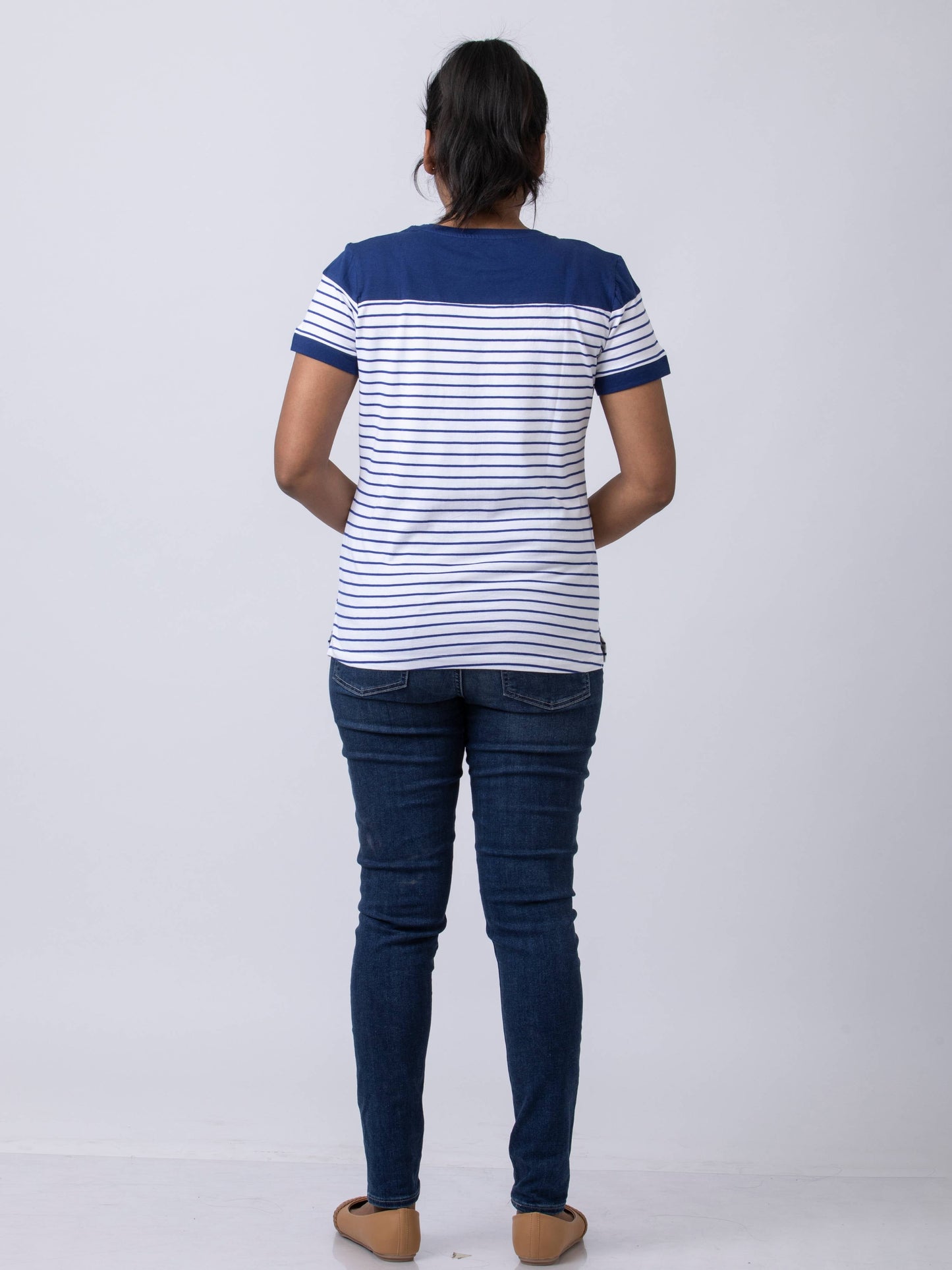 Soft & Premium Women's Printed Cotton T-Shirt - White/Navy