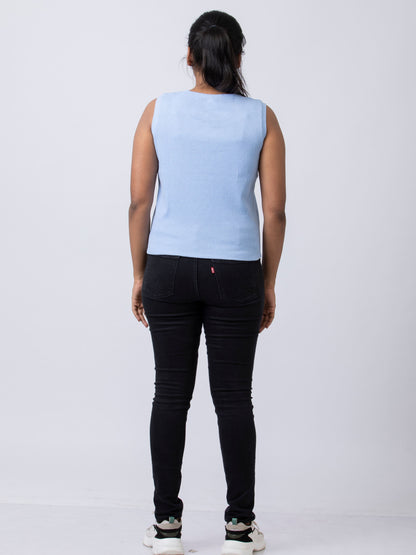 Women's Sleeve Less Round Neck Rib Fabric Stretchy Winter T-Shirt - Blue