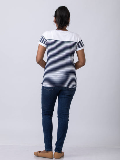 Soft & Premium Women's Printed Cotton T-Shirt - Navy/White