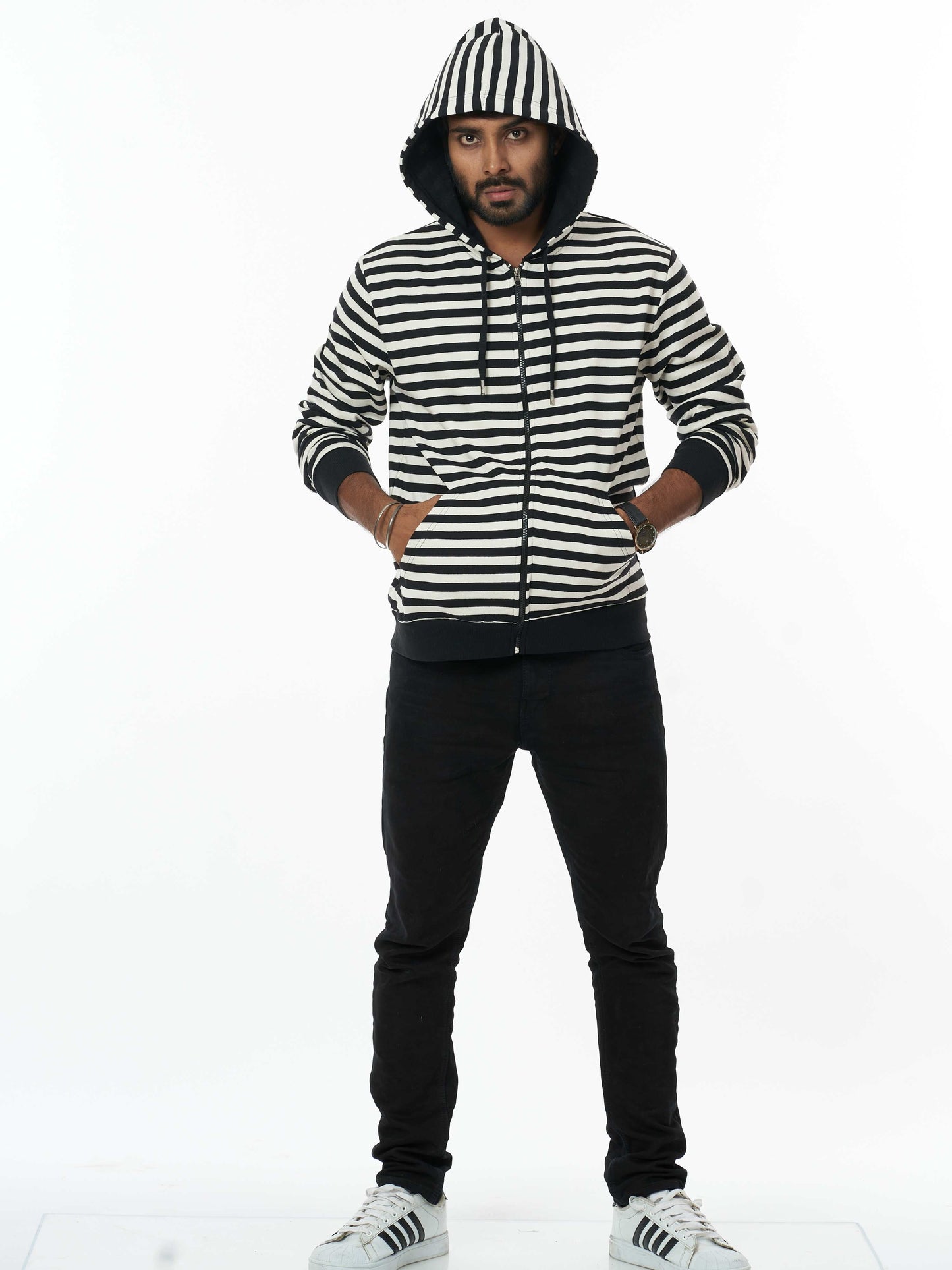 Stylish Men's Hooded Sweatshirt- Black White Stripes