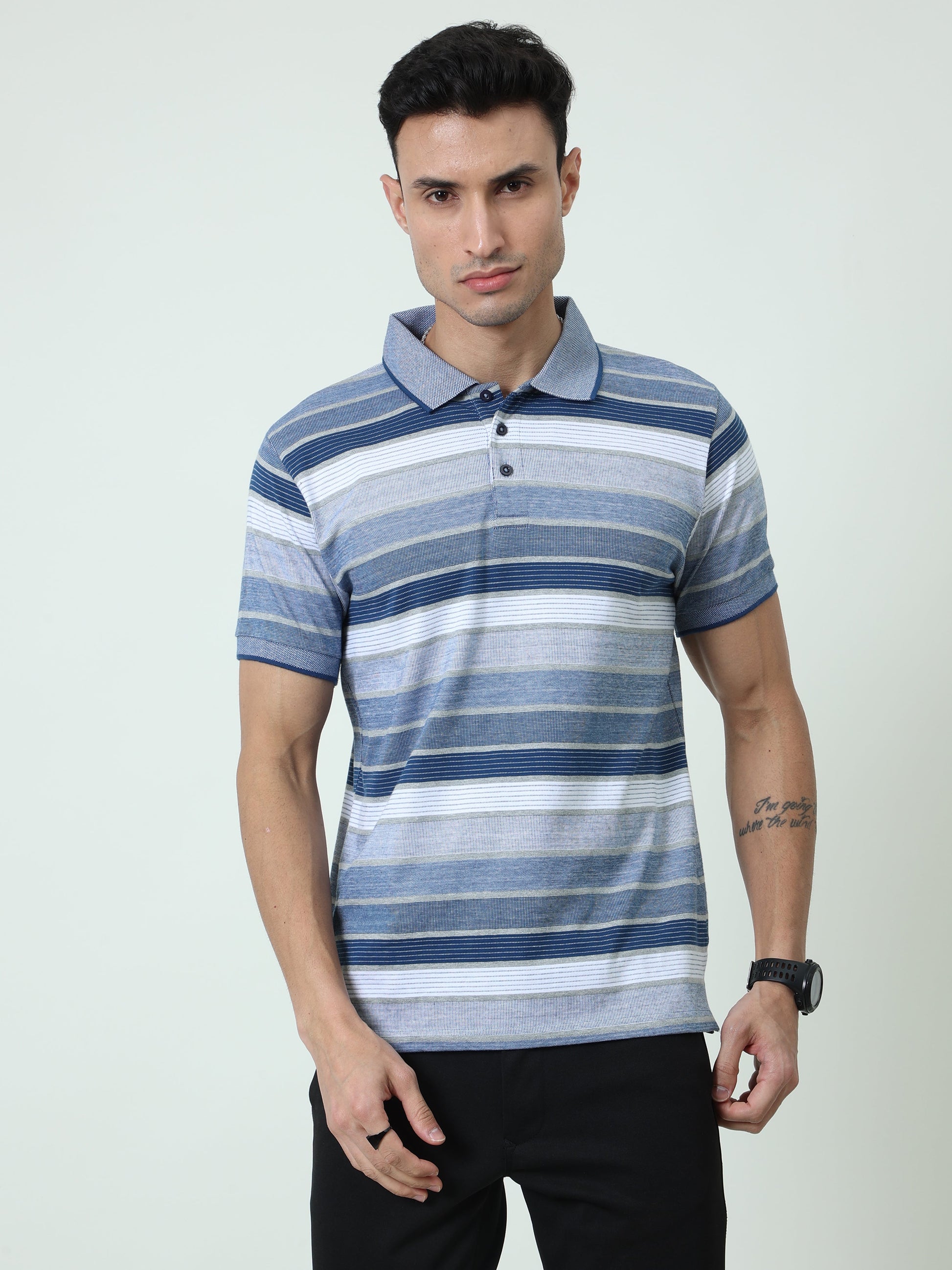 Back to Business - Men's Premium Collar T-Shirt Blue Stripes