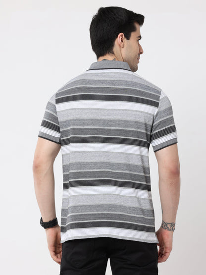 Back to Business - Men's Premium Collar T-Shirt Grey Stripes