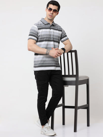 Back to Business - Men's Premium Collar T-Shirt Grey Stripes