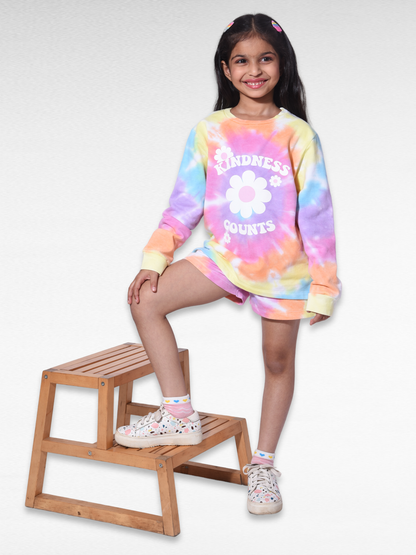 Kindness Tie & Dye Girls Full Sleeve T-Shirt and Shorts set